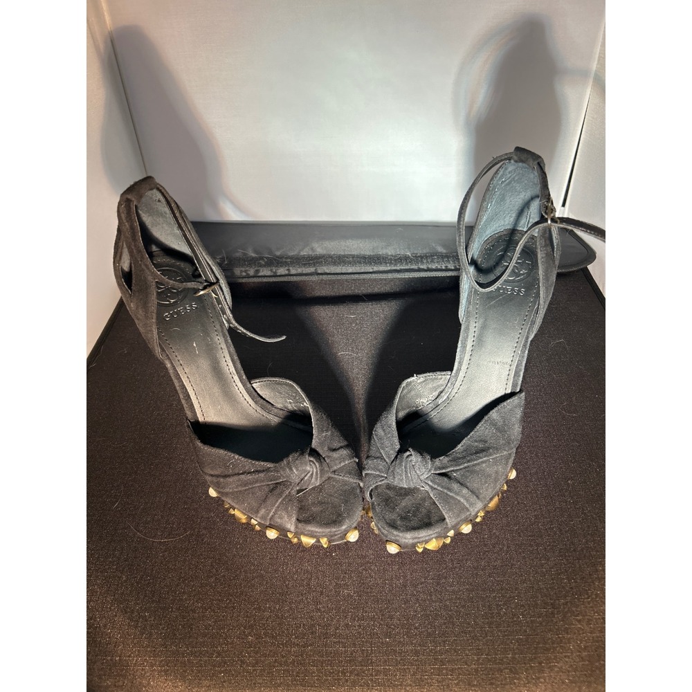 Guess Black Suede Studded Platform Heels Knot Peep Toe Ankle Strap‎ Pumps 8M